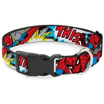 Marvel Comics Pet Collar, Dog Collar Plastic Buckle, Spider Man Action Verbiage, 7 to 8.5 Inches 0.5 Inch Wide