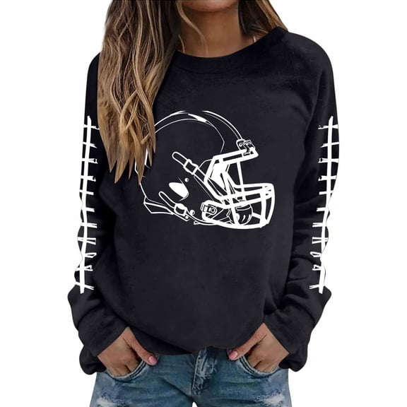 Mceream Sunday Funday Football Sweatshirts Women Casual Crewneck Game Day Sweatshirt Long Sleeve Funny Football Graphic Shirt Pullover Tops Black L