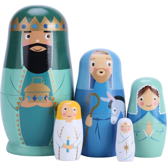 QenASHaing Jesus Nativity Nesting Dolls Russian Wooden 5 Pieces, Jesus Stacking Nested Toy Set for Christmas Easter Birthday Present, Home Room Decor