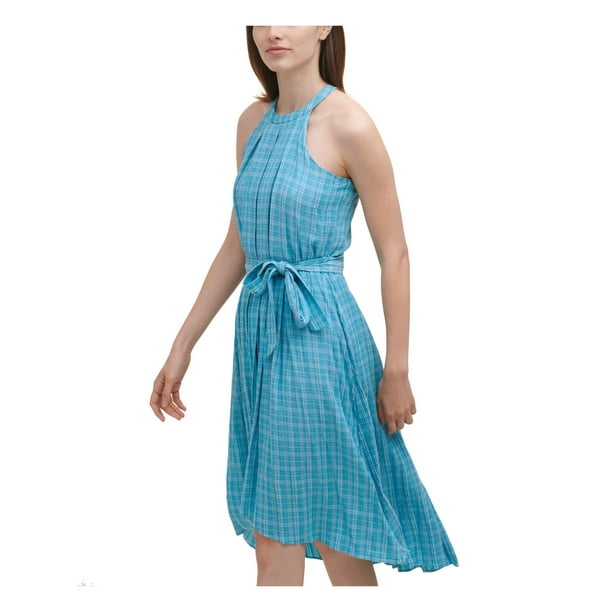 Calvin Klein Womens Turquoise Belted Plaid Halter Midi Fit Flare Dress 10 Walmart