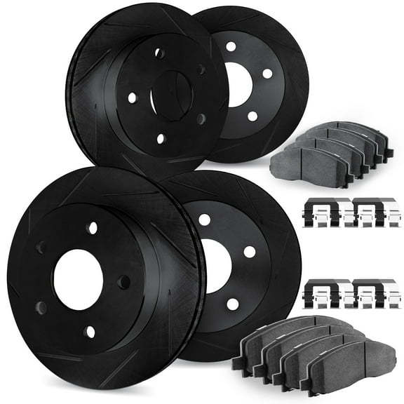 Dynamic Friction Company Front and Rear Brake Rotors Slotted Black with Heavy Duty Brake Pads includes Hardware - 3214-40021