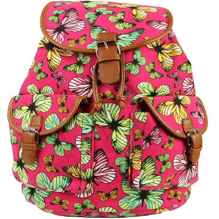 Vintage Women Canvas Travel Shoulder Girls Backpack Rucksack Butter Fly Hot Pink