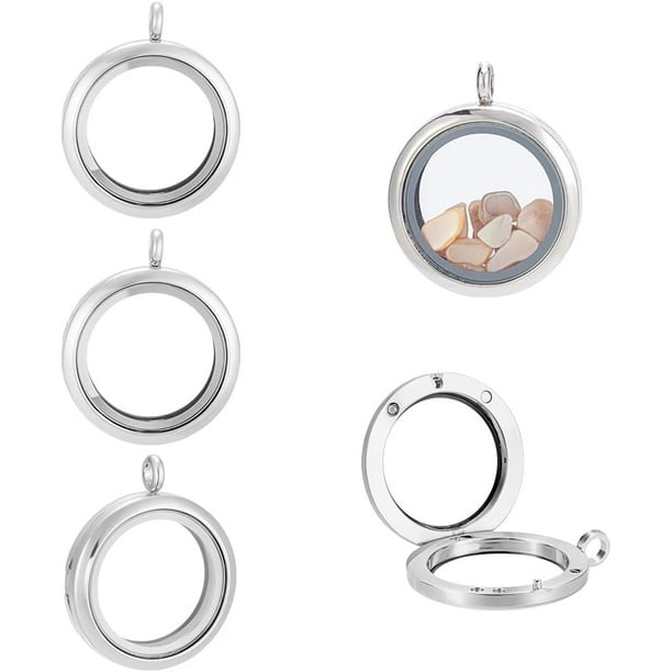 4 colgantes con forma de medallón, de metal y cristal, flotantes, con marco para fotos, de platino, planos y redondos, para personalizar con fotos.
