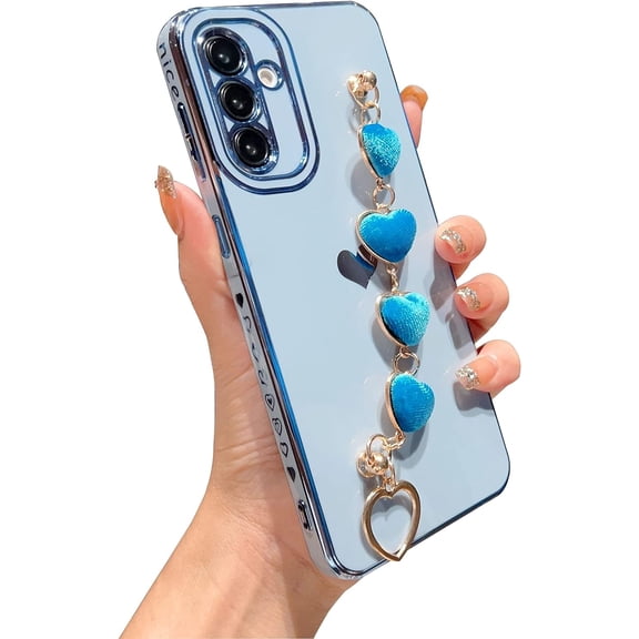 for Samsung Galaxy A34 5G Phone Case with Cute Elegant Love Heart Strap Luxury Plating Bracelet Side Heart Cover Hand Chain for Women Camera Protection Soft Silicone Shockproof Bumper (Blue)