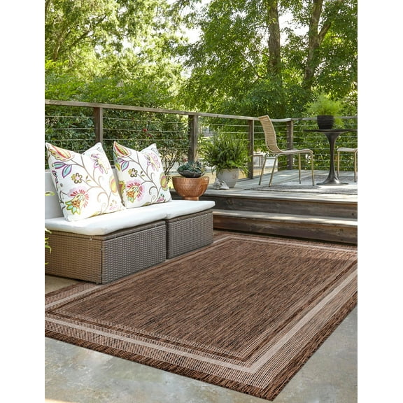 Unique Loom Outdoor Border Collection Area Rug - Soft Border (5' 3" x 8' Rectangle Brown/Ivory)