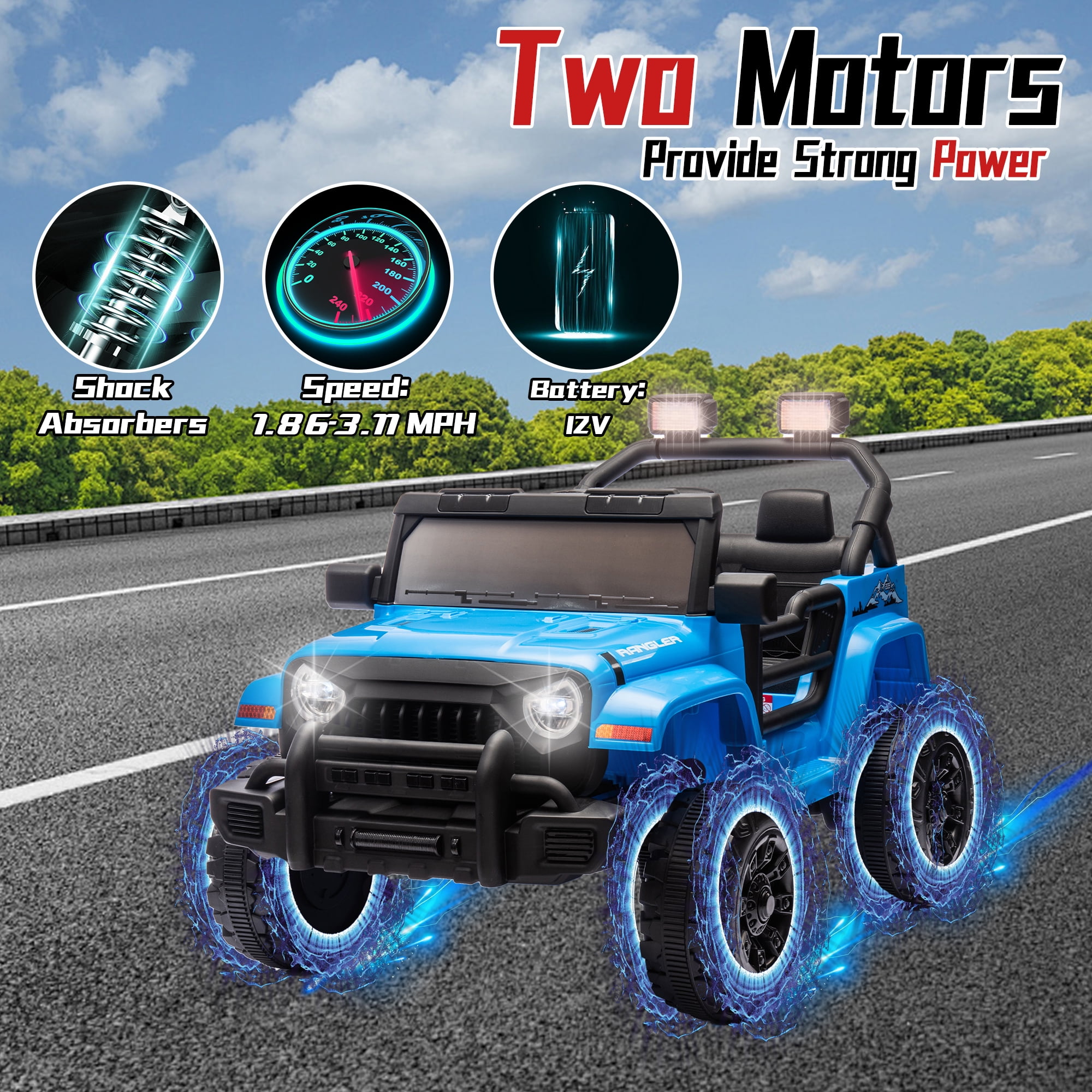 Xuanlur 12V Kids Ride on Car with Remote Control, Ride on Toys w/ Dual Drive, Four-Wheel Suspension, Bluetooth Music, LED Lights, USB, Shock Absorption, Toys Car for Kids Aged, Blue