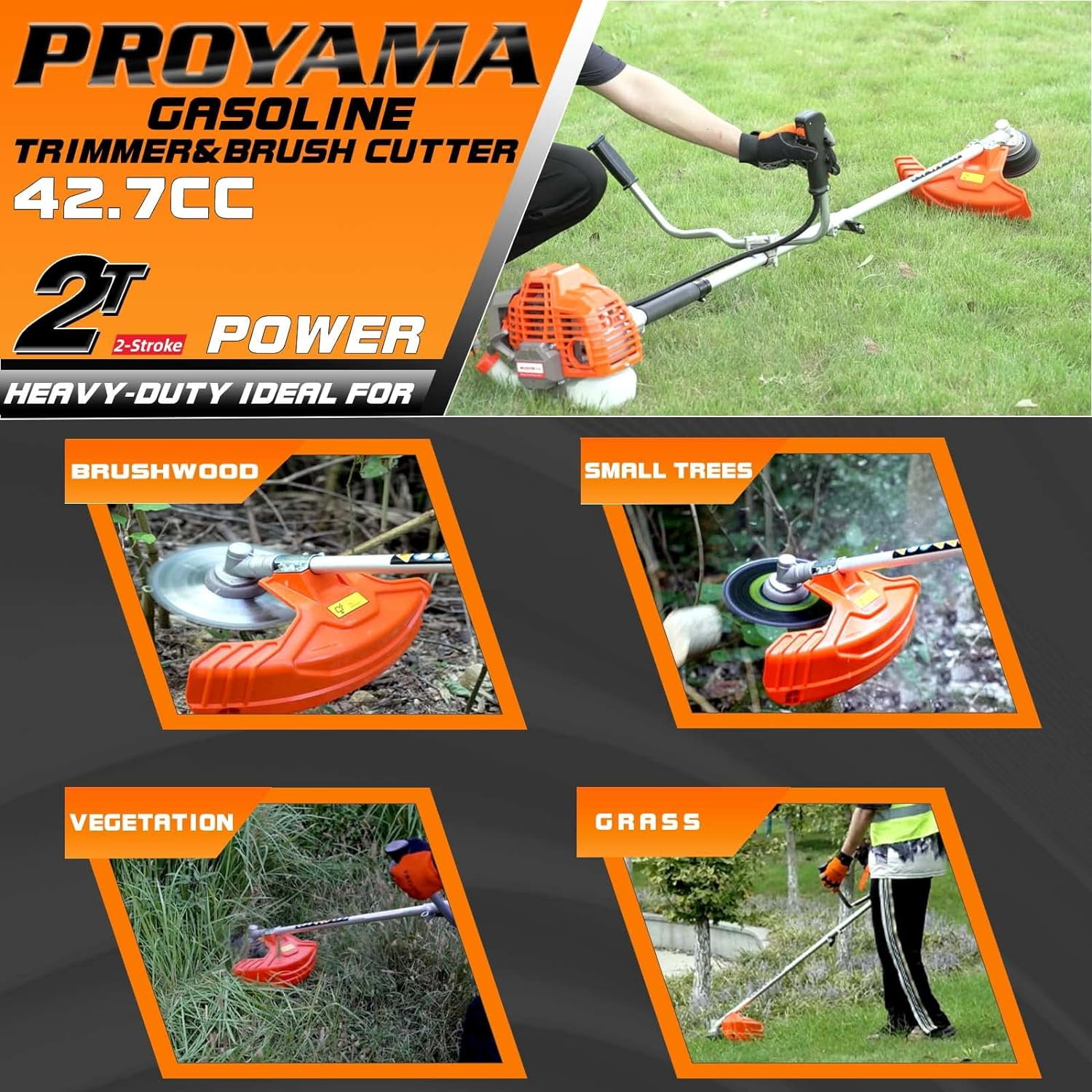 PROYAMA 42.7cc Gas Weed Wacker, 3 in 1 Weed Eater Gas Powered, Brush Cutter and Gas String Trimmer 2-Cycle Extreme Duty, 5 Year Warranty Gearbox, Grass Trimmer 2025 Upgraded