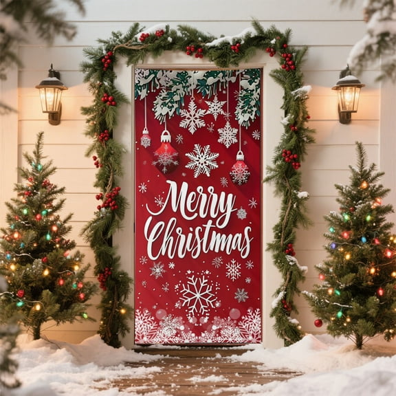 Merry Christmas Door Cover 6.7x3 Ft Winter Holiday Atmospheres Door Curtain Backdrops Hanging Fabric Christmas Door Covers Home Room Decor