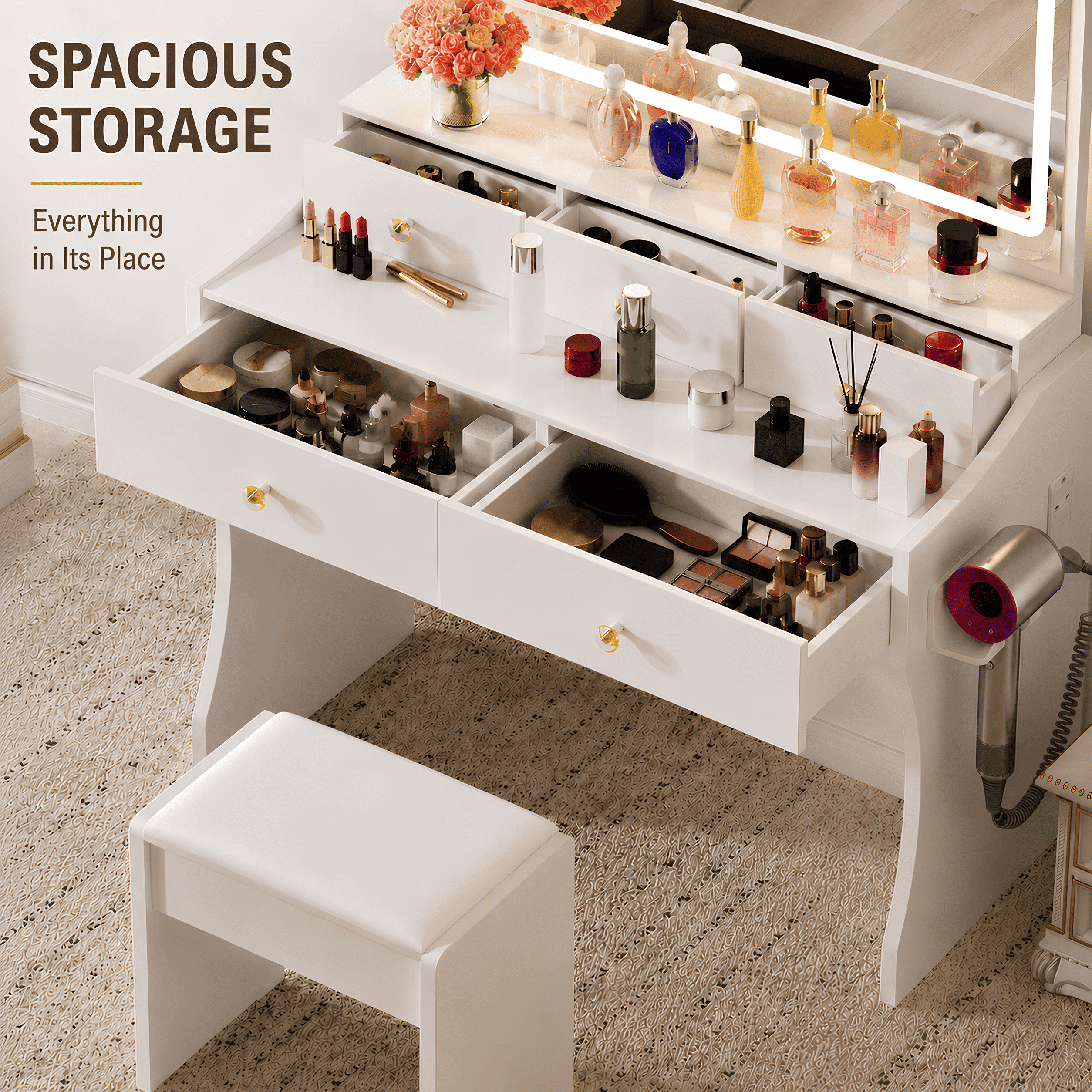 CLOUDREST PRO White Vanity Desk Set with Mirror, Makeup Vanity with LED Lights & 3 Color Modes, Adjustable Brightness, Built-in Power Strip, 5 Drawers, Dressing Table for Women Girls