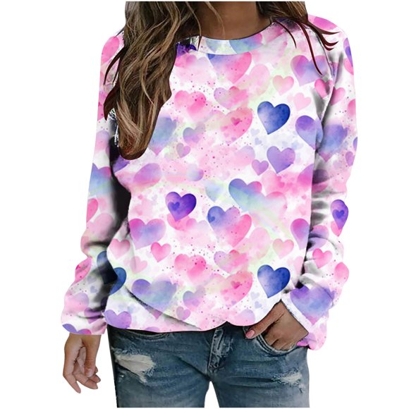 VALMASS Plus Size Valentine's Day Long Sleeve Sweatshirts Graphic Crewneck Tops Casual Cozy Tunic Pullover Sweatshirts (2XL, Pink-K)