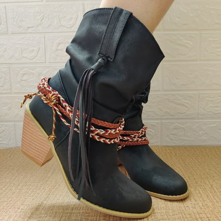 

Fashion Pure Color Round Toe Slip-On Square Heels Vintage Women Boots