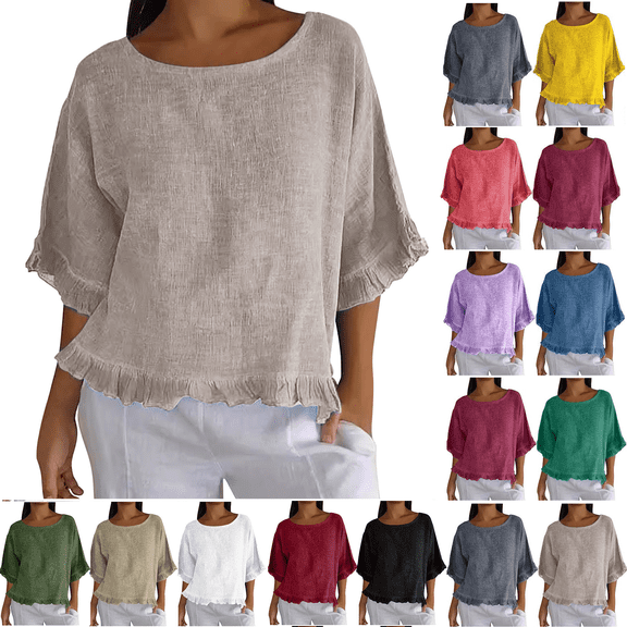 Women T Shirts Summer Tops Solid Cotton and Linen Ruffle Pleated Hem Tops Half Sleeve Round Neck Casual Shirt Tops Comfortable Shirts