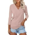 thumbnail image 2 of Swuxness Women 3/4 Sleeve Casual Shirts, Spring and Summer Tops, Ladies V-Neck Solid Color Comfortable Fashion Loose Pullover Tee Pink, M, 2 of 4