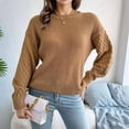 thumbnail image 4 of Women'S Solid Knit Cable Sweater Casual Long Lantern Sleeve Pullover Crew Neck Knitted Tops Khaki S, 4 of 8