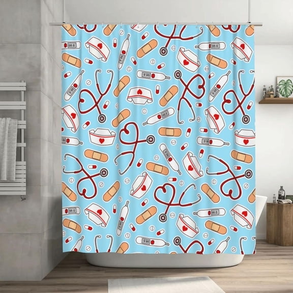 OLGCZM Shower Curtain for Bathroom Nurse Love Print Blue Shower Curtains Polyester Fabric Bathroom Decor Curtain with Hooks 72 X72 Inches
