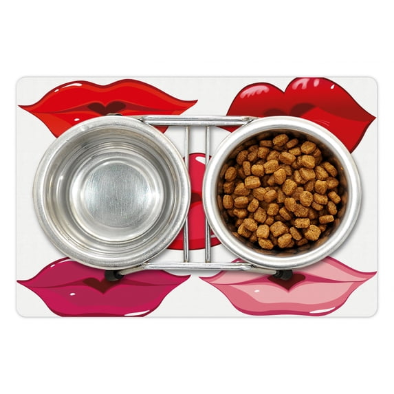 Kiss Pet Mat for Food and Water, Macro Design Woman Lips with Heart Shaped Gap, Non-Slip Rubber Mat for Dogs and Cats, 18" X 12", by Ambesonne