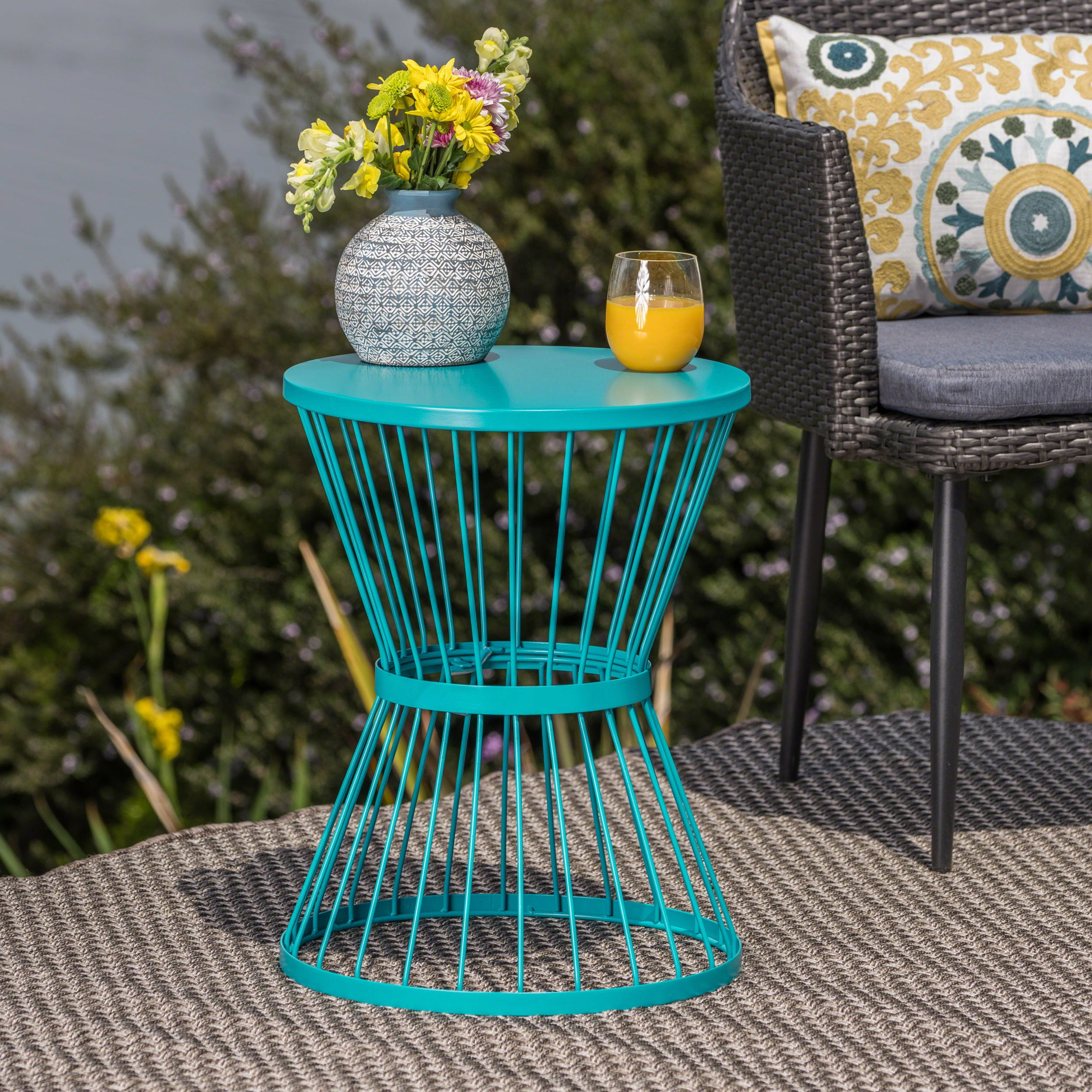 Hourglass Side Table, 16 Inch Stainless Steel Open Cage Design End Table for Patio Balcony, Taupe