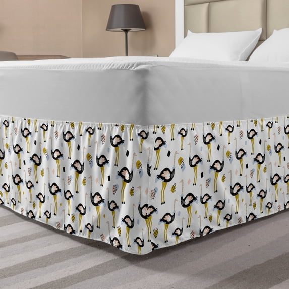 Ostrich Bed Skirt, Exotic Birds in Doodle with Ornamental Funny Wings Zoo Animals Childish Kids, Elastic Bedskirt Dust Ruffle Wrap Around for Bedding Decor, 4 Sizes, Multicolor, by Ambesonne