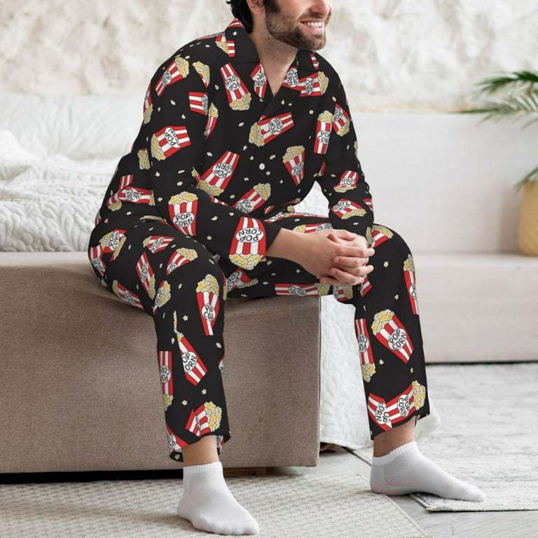 Jgfou Popcorn Print Mens Button Down Pajamas Set Soft Classic Lapel Sleepwear Long Sleeve Top Pants Set Small Walmart