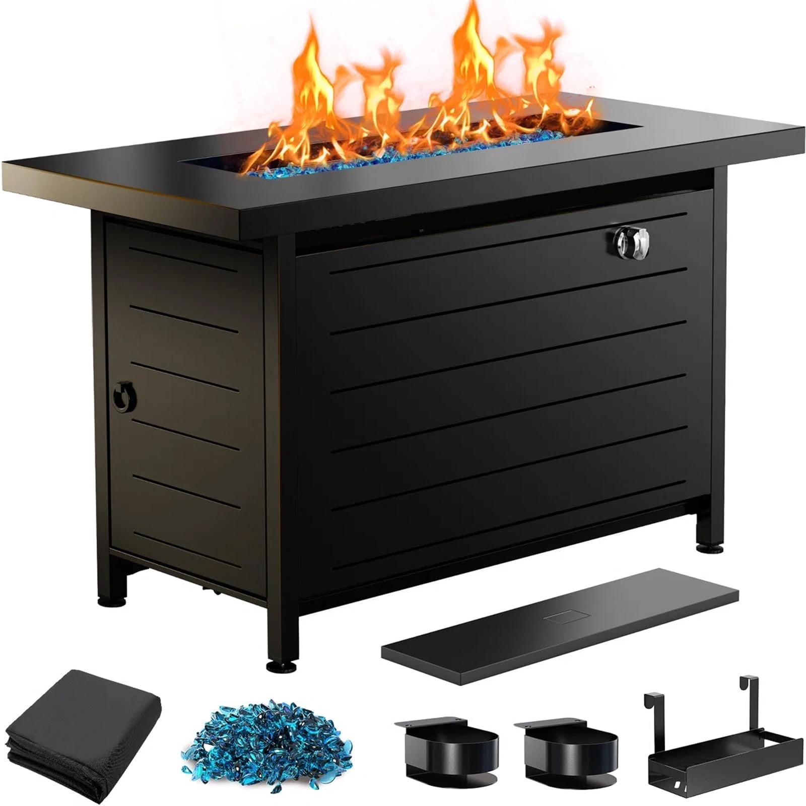 Philergo 43" Propane Fire Pits for Outside 60,000 BTU Gas Fire Pit Table for Outside with Lid , Glass Beads, Cup Holders, Hanging Shelf & Nylon Cover, Rectangle