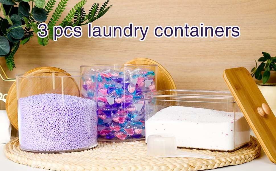 Laundry Detergent Dispenser, 3 Pack Clear Laundry Pods Container, Laundry Room Organization Storage Containers for Laundry Detergent, Powder, Pods, Scent Booster Beads, 2 Spoons
