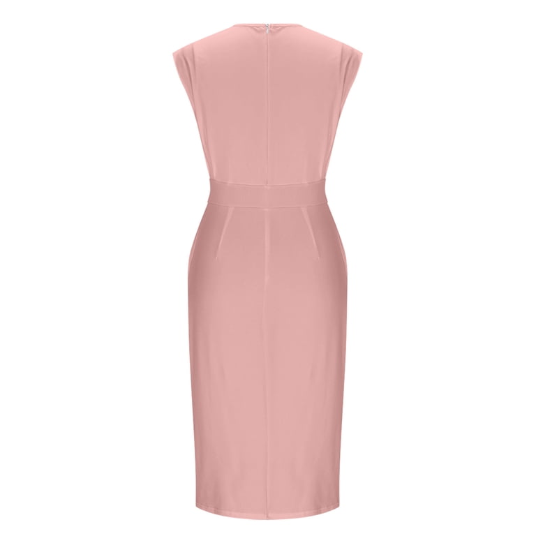summer midi dress work Teyfeniy Summer Work Dress for Women Crew Neck Fashion Modest Dress Going Out Sleeveless Business Office Casual Solid Color Outfit Midi Dress, Women's