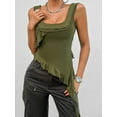 thumbnail image 6 of Women'S Y2K Going Out Crop Top Summer Sleeveless Asymmetrical Mesh Tank Top Fitted Party Tops Army Green XL, 6 of 7