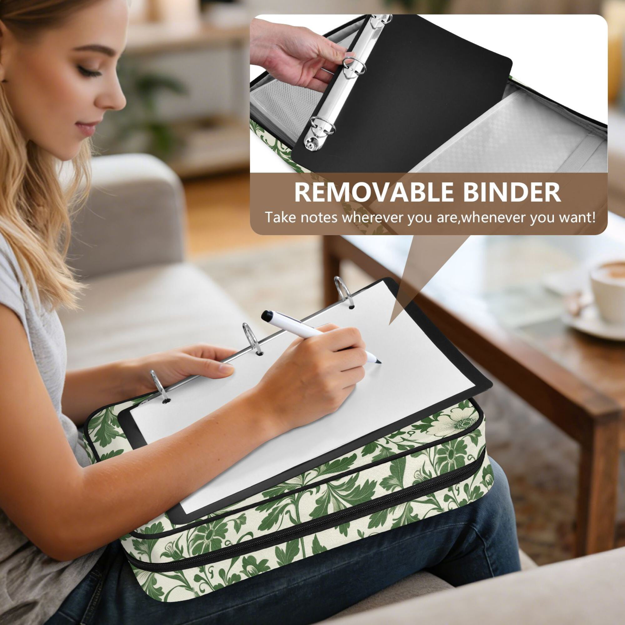 FORMRS Accordion File Folder A4 Size 7-Pocket Expanding Document Organizer Bag with 3 Ring Binder, Green Floral