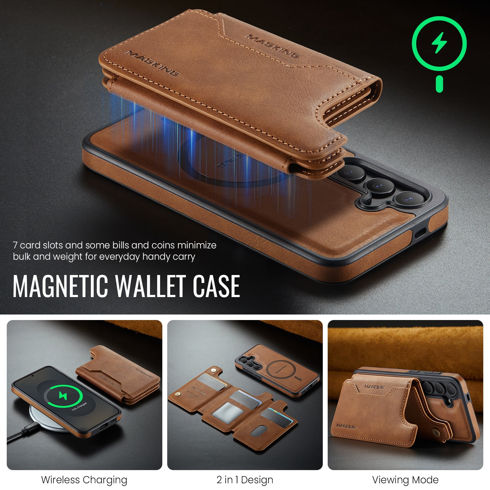 Designed for Samsung Galaxy S25 Wallet Phone Case,Magnetic Detachable Flip Card Holder,Back Flip Kickstand,Compatible with Mag-Safe,2-in-1 PU Leather Heavy Duty Shockproof Phone Case,Brown