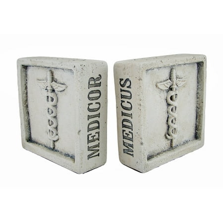 Marble Medical Caduceus Bookends - Museum White Latin Medical Terms Caduceus Symbol Cement Bookends