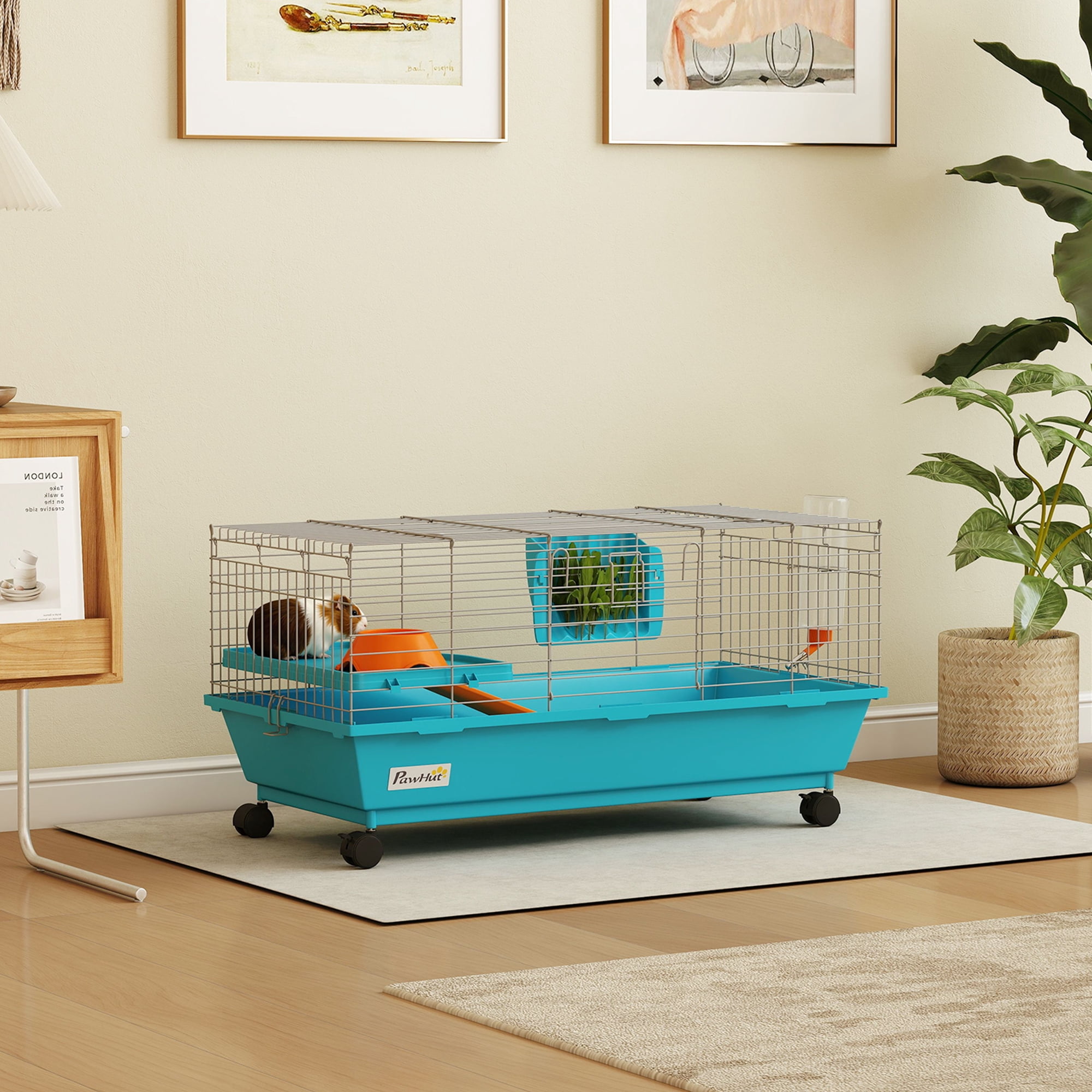 PawHut 35"L Small Animal Cage, Rolling Bunny Cage, Guinea Pig Cage with Food Dish, Water Bottle, Hay Feeder, Platform, Ramp for Chinchilla, Blue