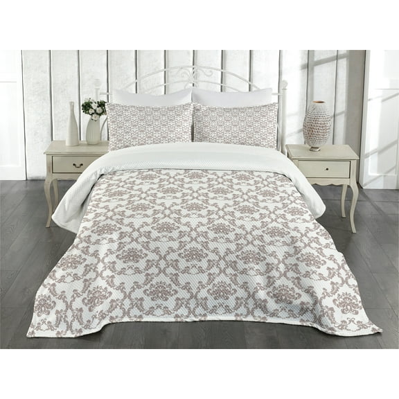 Ambesonne French Quilted Bedspread Set 3 Pcs, Taupe Colored Damask, Queen Size, Taupe White