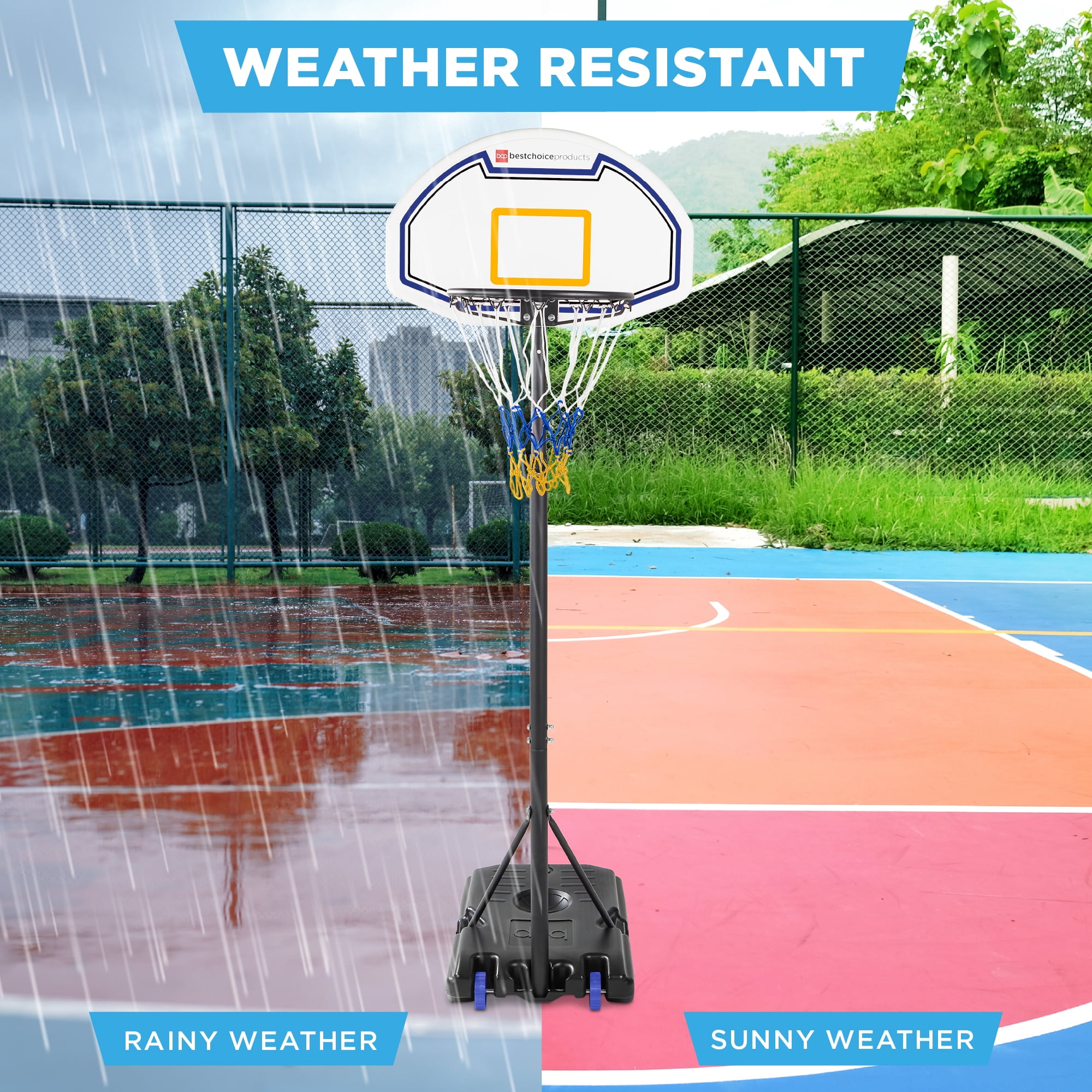 Best Choice Products Kids Height-Adjustable Basketball Hoop, Portable Backboard System w/ 2 Wheels - Blue/Yellow
