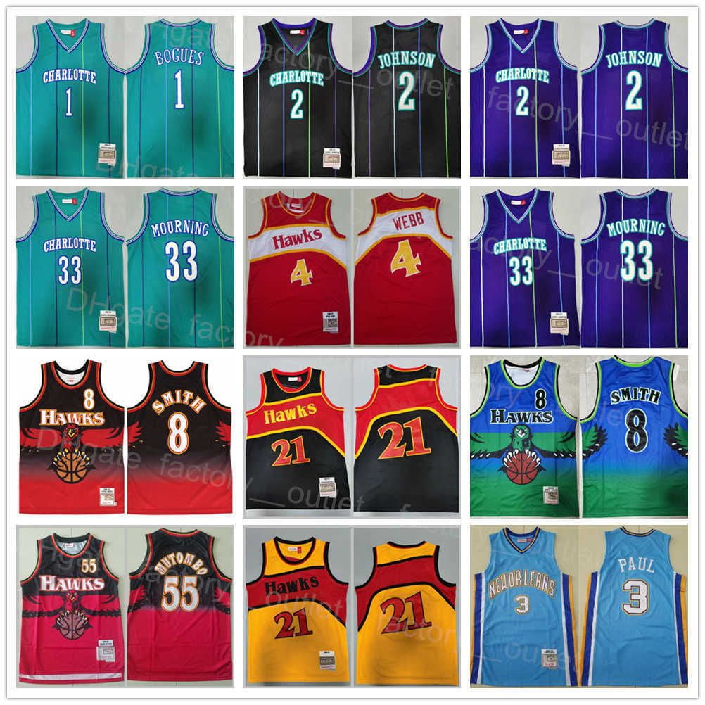 NBA_ Mitchell and Ness Basketball Retro Spud Webb Jersey 4 Dikembe Mutombo  55 Steve Smith 8 Tyrone Muggsy Bogues 1 Larry''nba''jerseys 