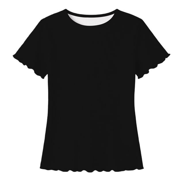 Girls Ribbed Knit Crew Neck Short Sleeve T Shirts Kids Casual Scallop Edge Solid Tees Tops