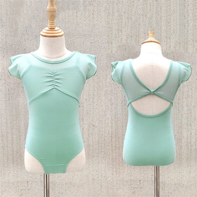Children's Solid Color Short Sleeved Round Neck Dance Suit Mesh Practice Suit Girls' Jumpsuit