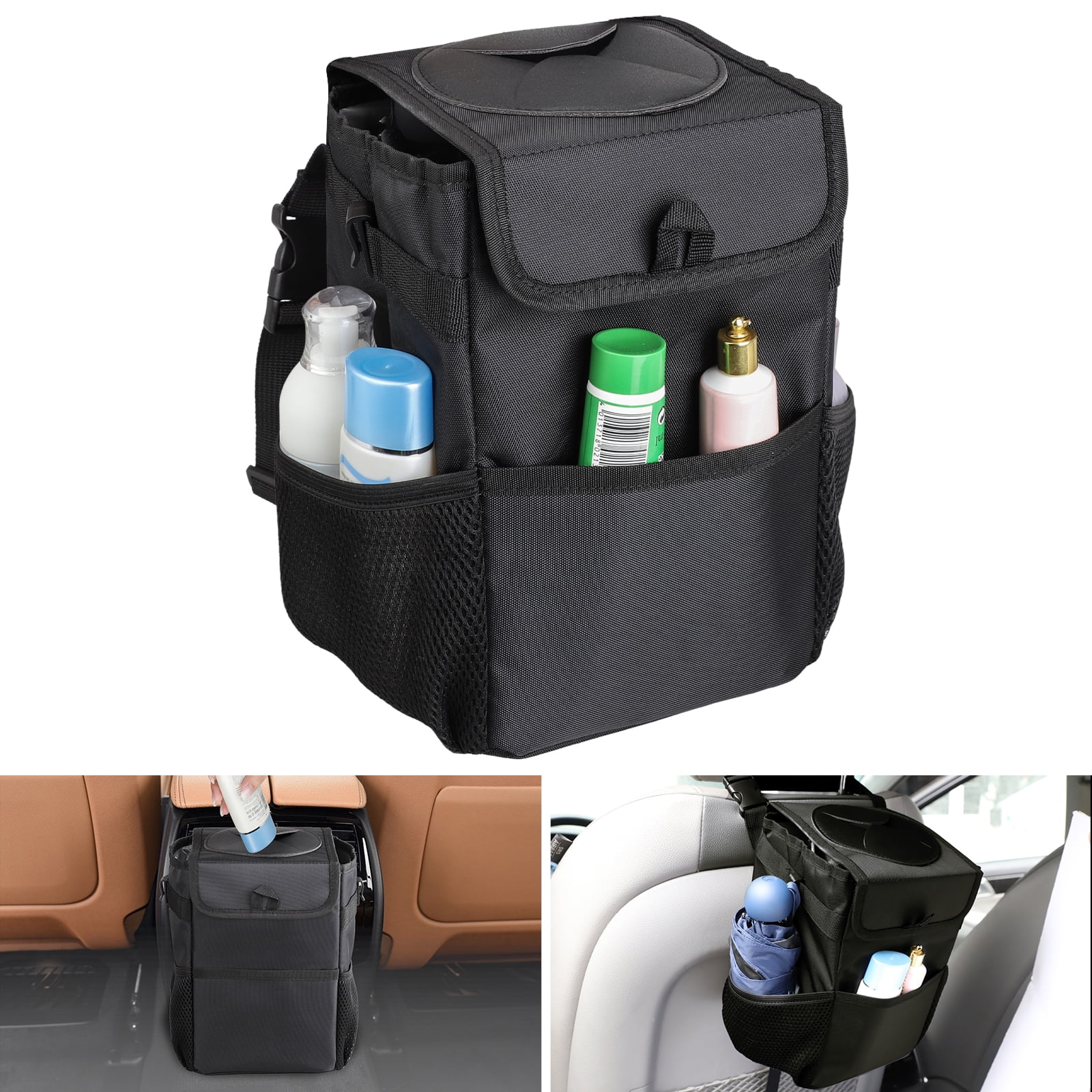 Grey Gven Car Trash Can Garbage Bin with Lid& Tissue Holder Leakproof Waterproof Liners Removable Car Trash Bag Container 