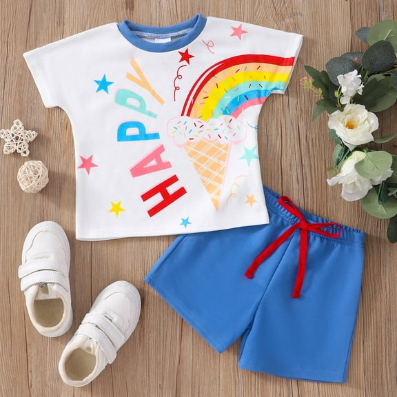 Toddler Boys Short Sleeve Cartoon Prints T Shirt Tops Shorts Child Kids Gentleman Outfits Size 3-4T