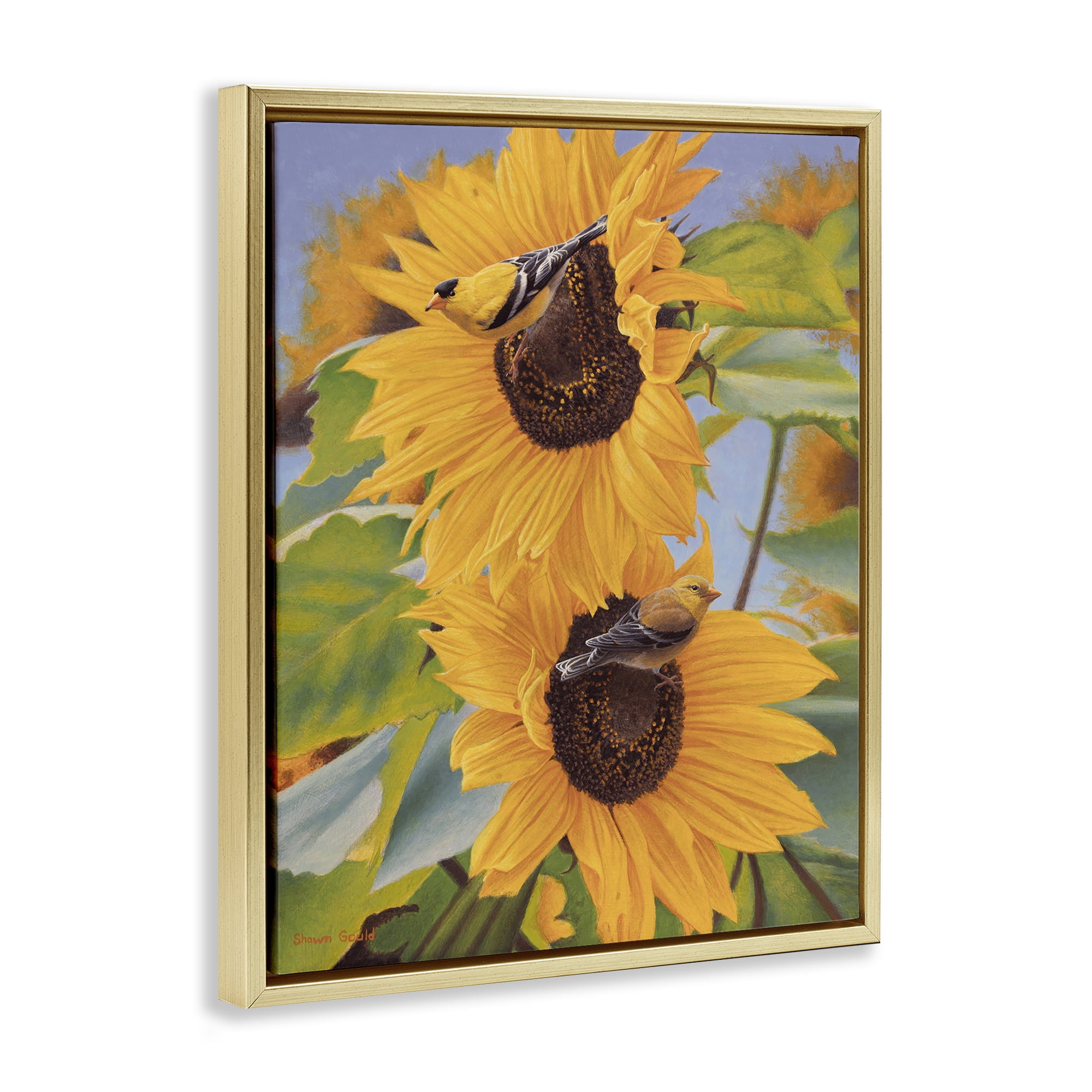 Stupell Industries Yellow Bird & Sunflowers Plants & Flowers Photography Gold Floater Framed Canvas Art Print Wall Art, 17 x 21