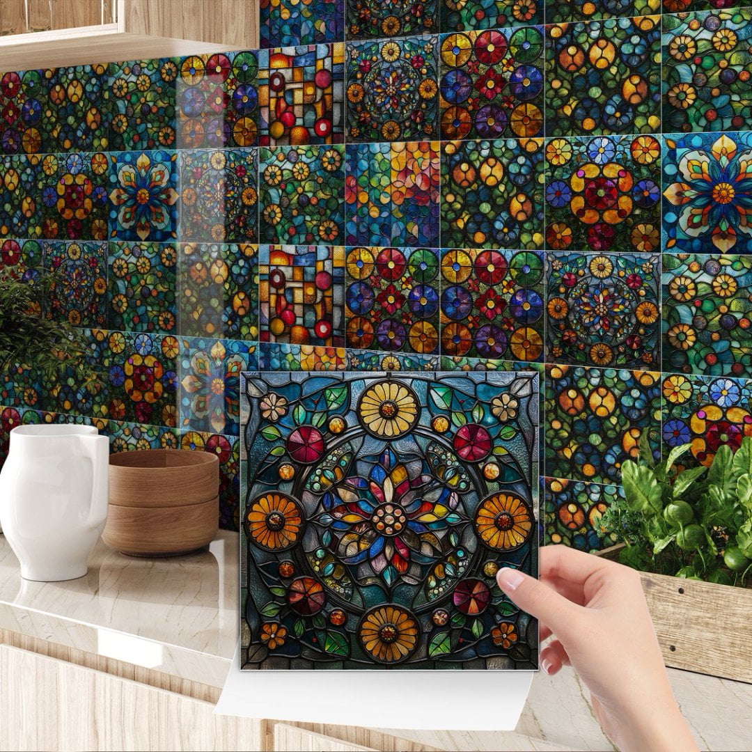 24Sheets Tile Wall Sticker Kitchen Backsplash 7.87" x 7.87" Removable Waterproof PVC Multicolor Flowers DIY Decals Peel and Stick Tiles