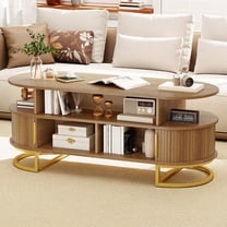 DEXTRUS Oval Fluted Coffee Table with Sliding Doors & Storage Shelves, Center Table for Living Room, Oak