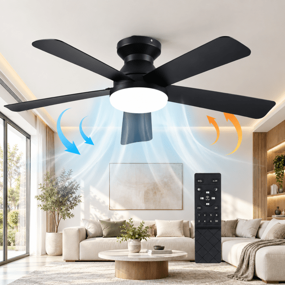 Ceiling Fans with Lights and Remote, 42" Low Profile LED Ceiling Fan with Flush Mount, Reversible, 3CCT, Dimmable, Quiet, Indoor Outdoor Fan for Bedroom, Black