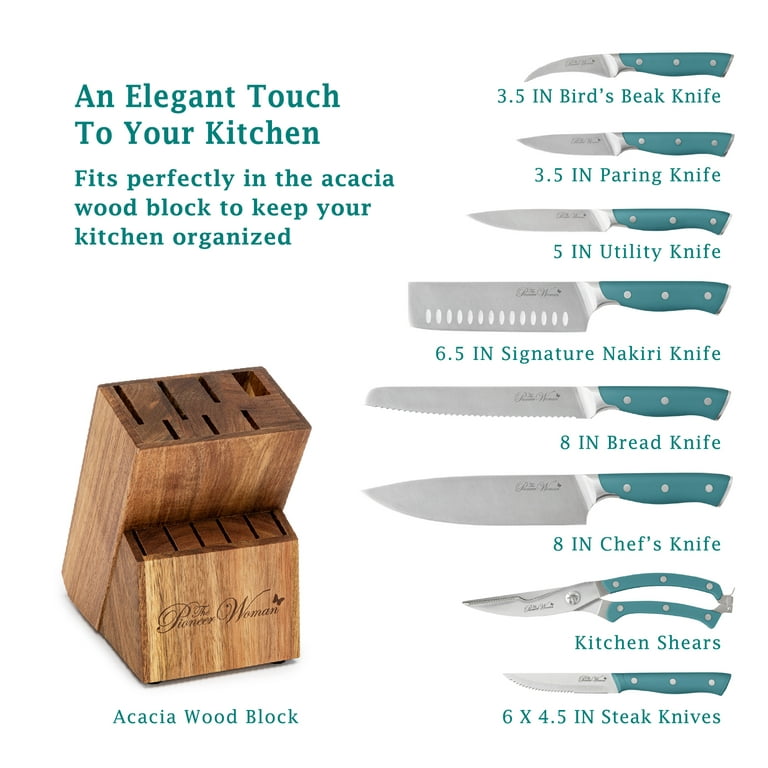 Knife Block Set Teal, Kitchen Knife Set with Block, 14 Pieces