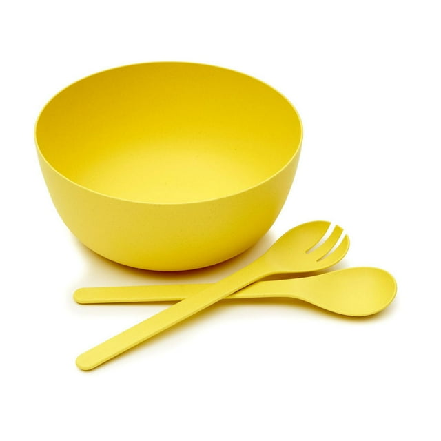 Yellow PLA 3 piece salad set with a large bowl and matching serving fork and spoon.