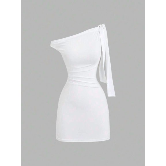 White Womens One Shoulder Ruched Bodycon Mini Dress With Tie Detail
