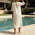 thumbnail image 6 of Ayolanni Cotton Summer Dresses for Women 2026 Short Sleeve Flutter Sleeve V-Neck Solid Maxi A-Line Dress Elegant Casual Hollow Out Flare Vacation Sundress Beige L, 6 of 7