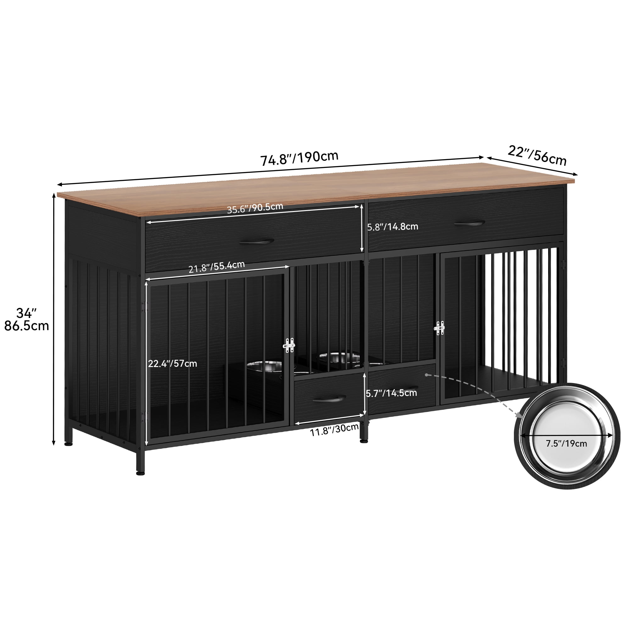 Dextrus Indoor Dog Crate Furniture Large Breed with Storage&Dog Feeder, Double Dog Kennel Furniture TV Stand, 74.8" Inch Wooden Decorative Dog Kennel Furniture for 2 Dogs, Black