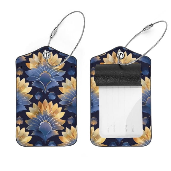 PhooArto 2 Pcs Luggage Tags, Blue Golden Petals Pattern Privacy Cover ID Label with Stainless Steel Loop and Address Card for Travel Bag Suitcase