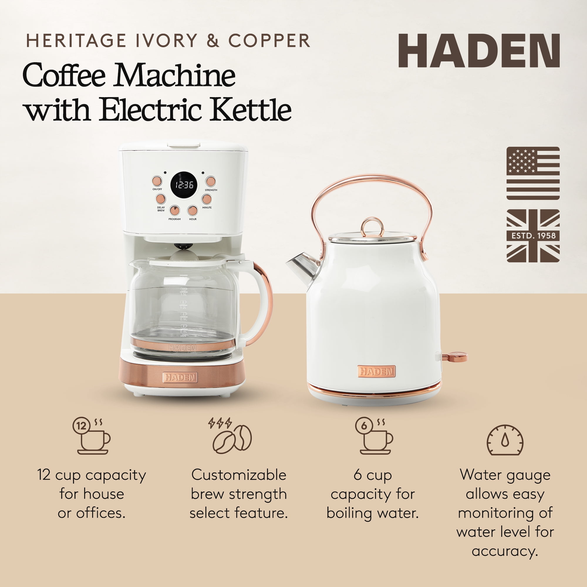 Haden Coffee Maker & Heritage 1.7 Liter Electric Kettle, Ivory & Copper