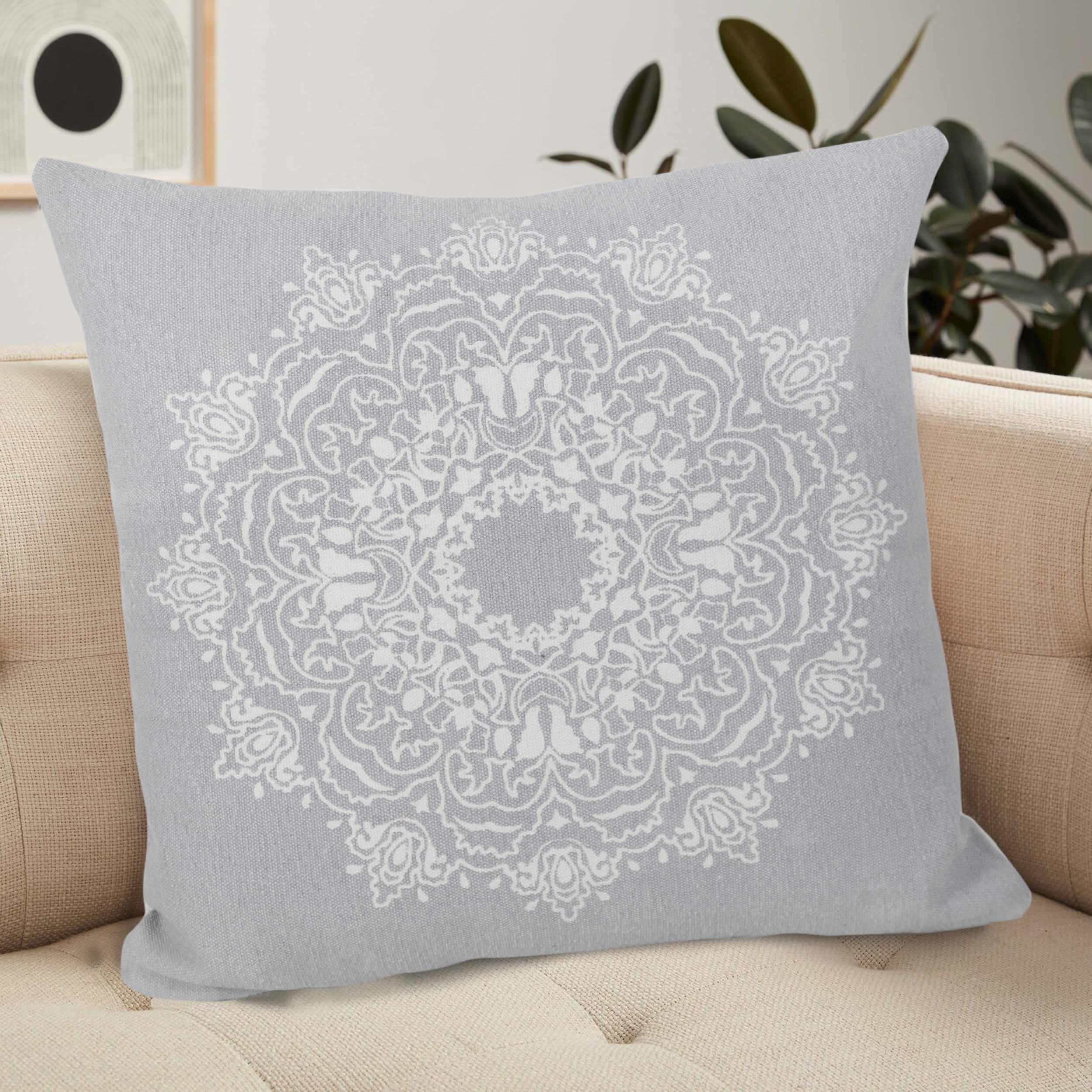 Ox Bay Ava 20" x 20" Pale Gray/White Medallion Cotton Adult Decorative Throw Pillow